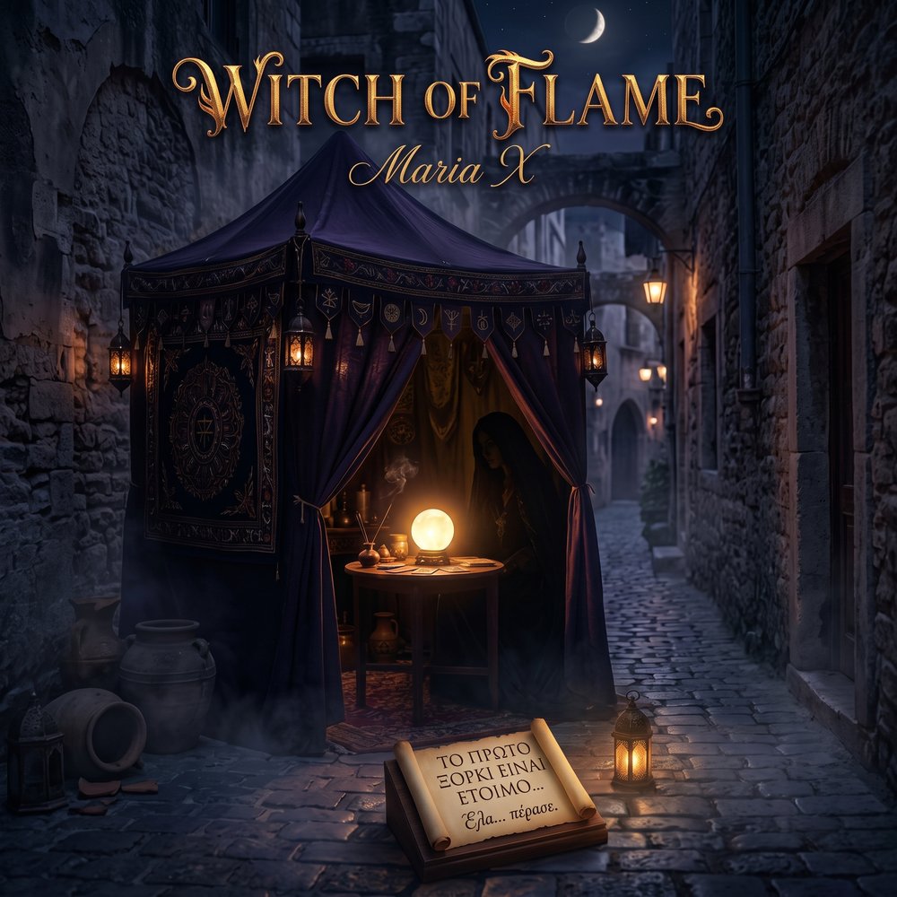 Single cover for «Witch of Flame» — Maria X, a fortune-teller witch in a tent, old Greek marketplace at night